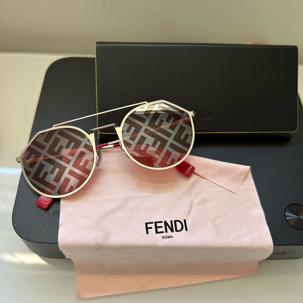 Fendi Red sunglasses. F monogram lenses. Red accents. With case and cloth. Mint